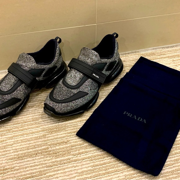 Low-top knit textile Prada sneakers marled in black and silver-tone. - Picture 3 of 4